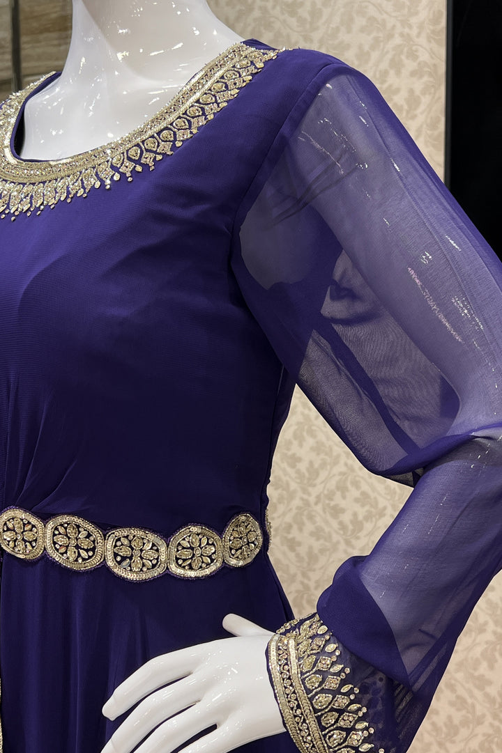 Purple Sequins, Beads and Stone work Indo Western Style Floor Length Anarkali Gown