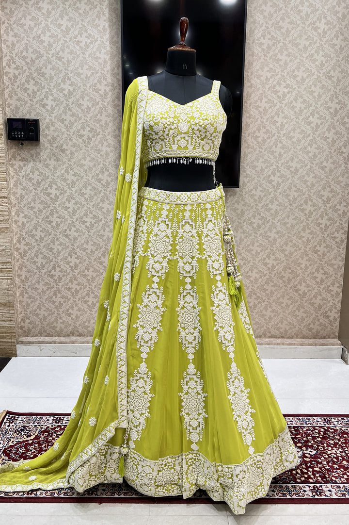 Parrot Green Lucknowi, Sequins and Beads work Crop Top Designer Bridal Lehenga