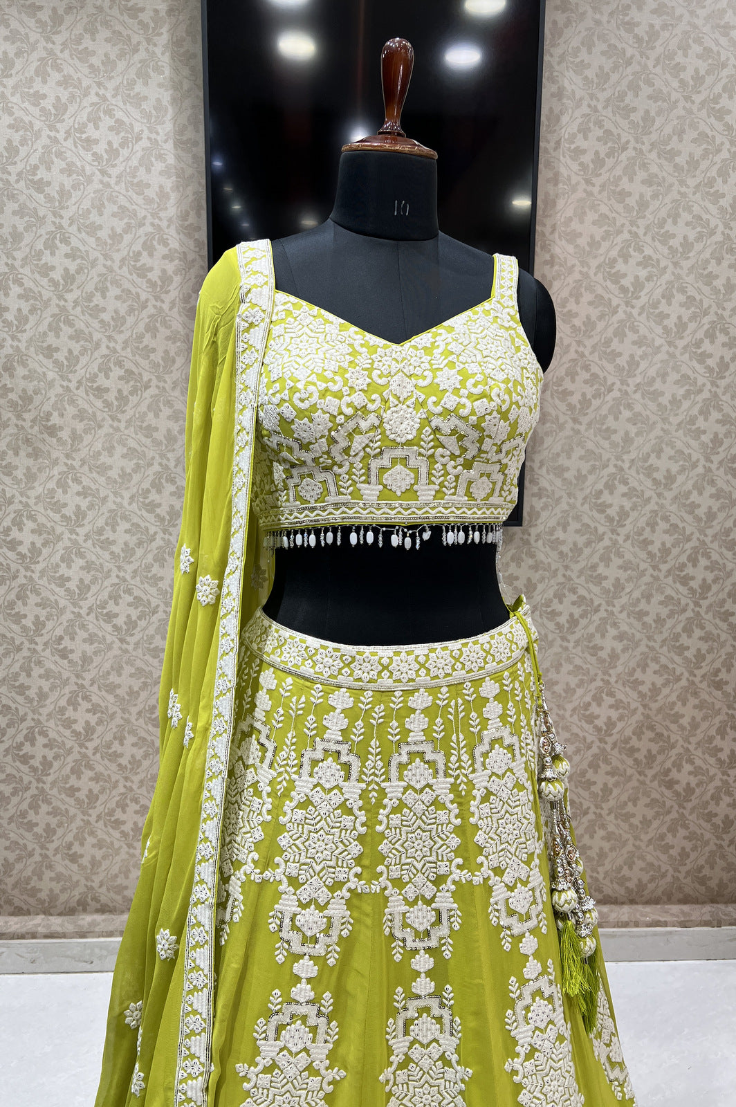 Parrot Green Lucknowi, Sequins and Beads work Crop Top Designer Bridal Lehenga