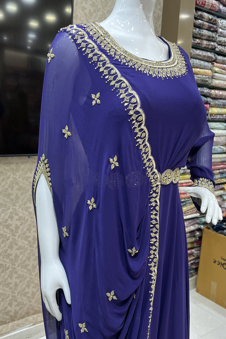 Purple Sequins, Beads and Stone work Indo Western Style Floor Length Anarkali Gown