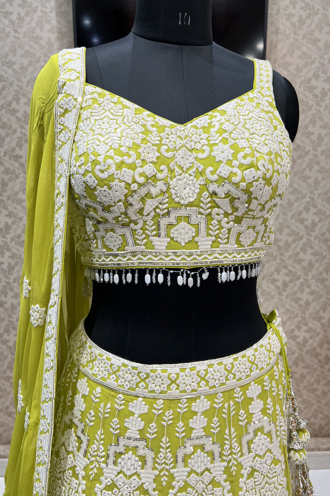 Parrot Green Lucknowi, Sequins and Beads work Crop Top Designer Bridal Lehenga