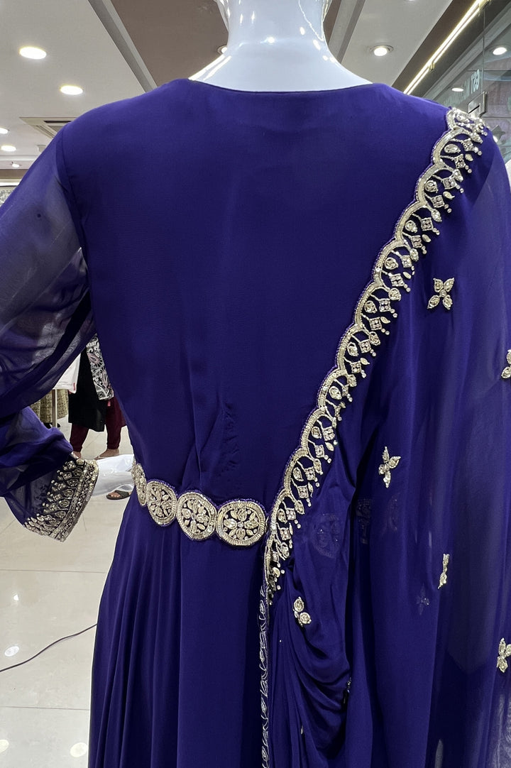 Purple Sequins, Beads and Stone work Indo Western Style Floor Length Anarkali Gown