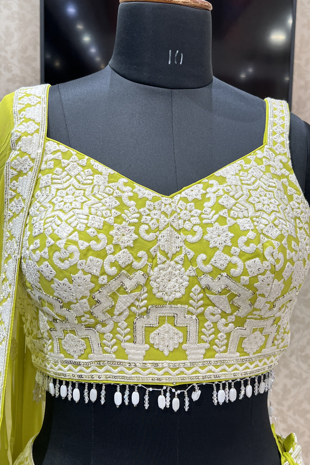 Parrot Green Lucknowi, Sequins and Beads work Crop Top Designer Bridal Lehenga