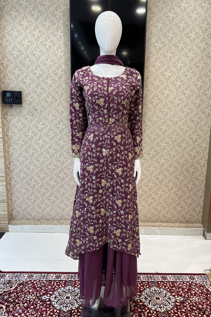 Purple Zari, Sequins and Thread work Salwar Suit with Palazzo Pants