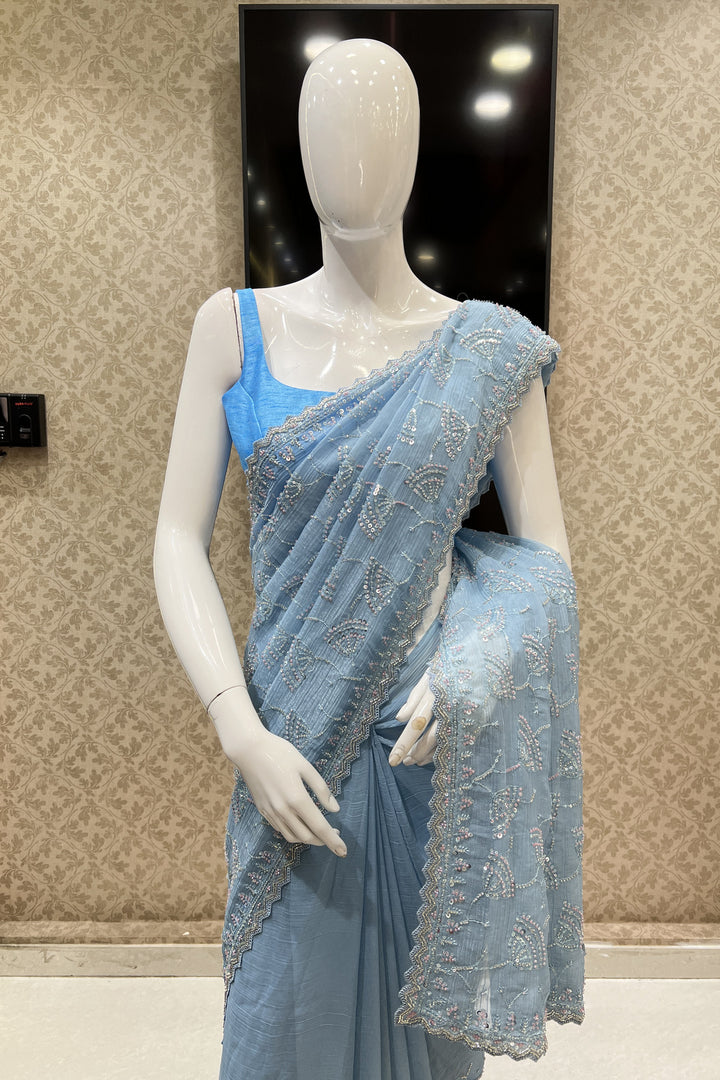 Sky Blue Beads, Sequins and Zari work Saree