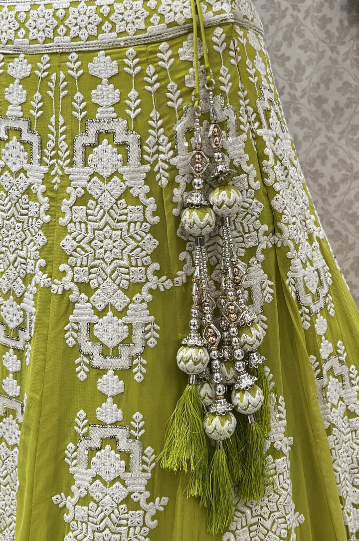 Parrot Green Lucknowi, Sequins and Beads work Crop Top Designer Bridal Lehenga