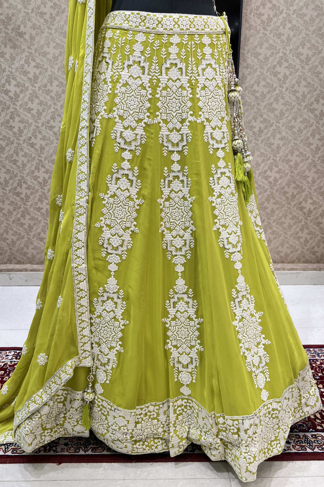 Parrot Green Lucknowi, Sequins and Beads work Crop Top Designer Bridal Lehenga