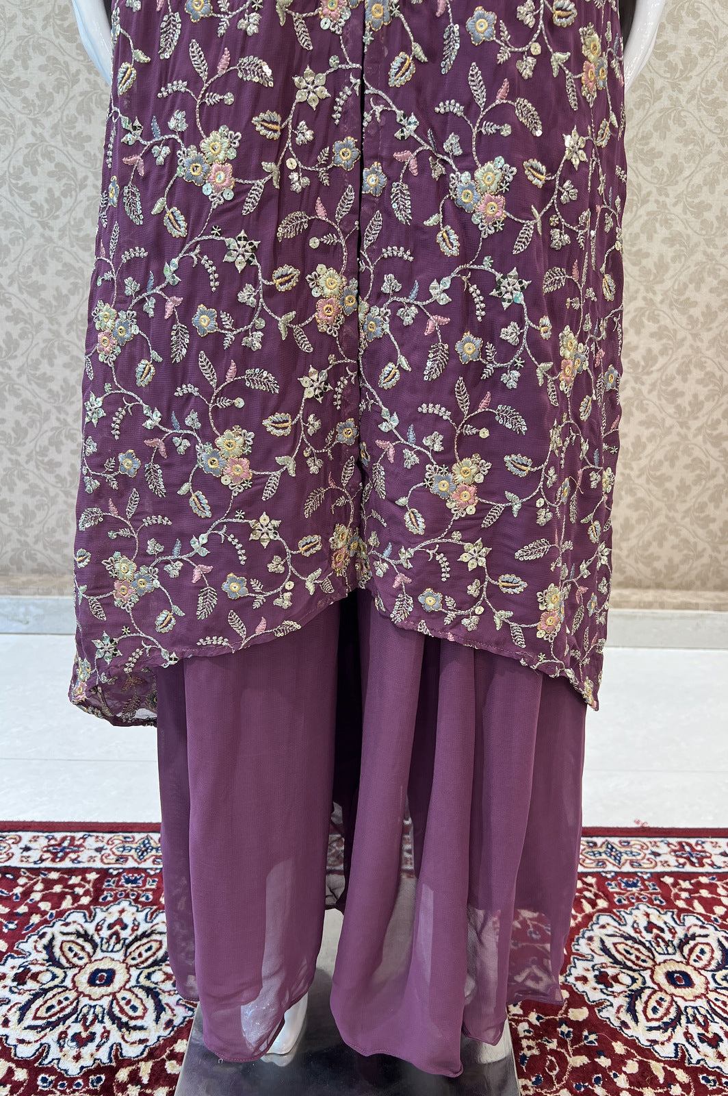 Purple Zari, Sequins and Thread work Salwar Suit with Palazzo Pants