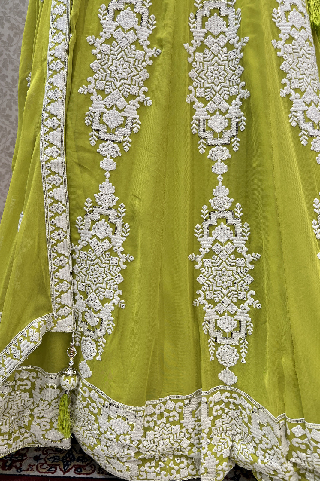 Parrot Green Lucknowi, Sequins and Beads work Crop Top Designer Bridal Lehenga