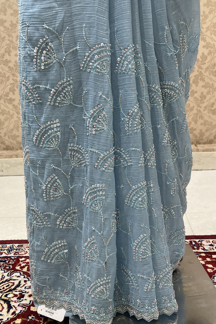 Sky Blue Beads, Sequins and Zari work Saree