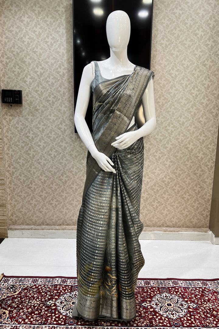 Grey with Digital Print and Banaras work Saree