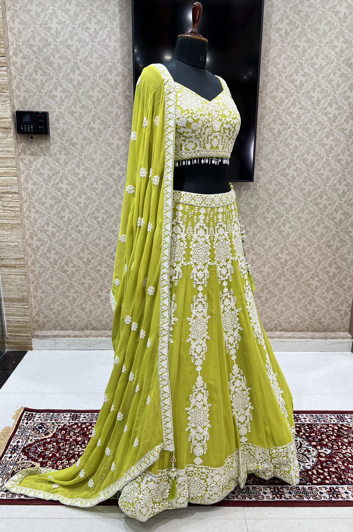 Parrot Green Lucknowi, Sequins and Beads work Crop Top Designer Bridal Lehenga