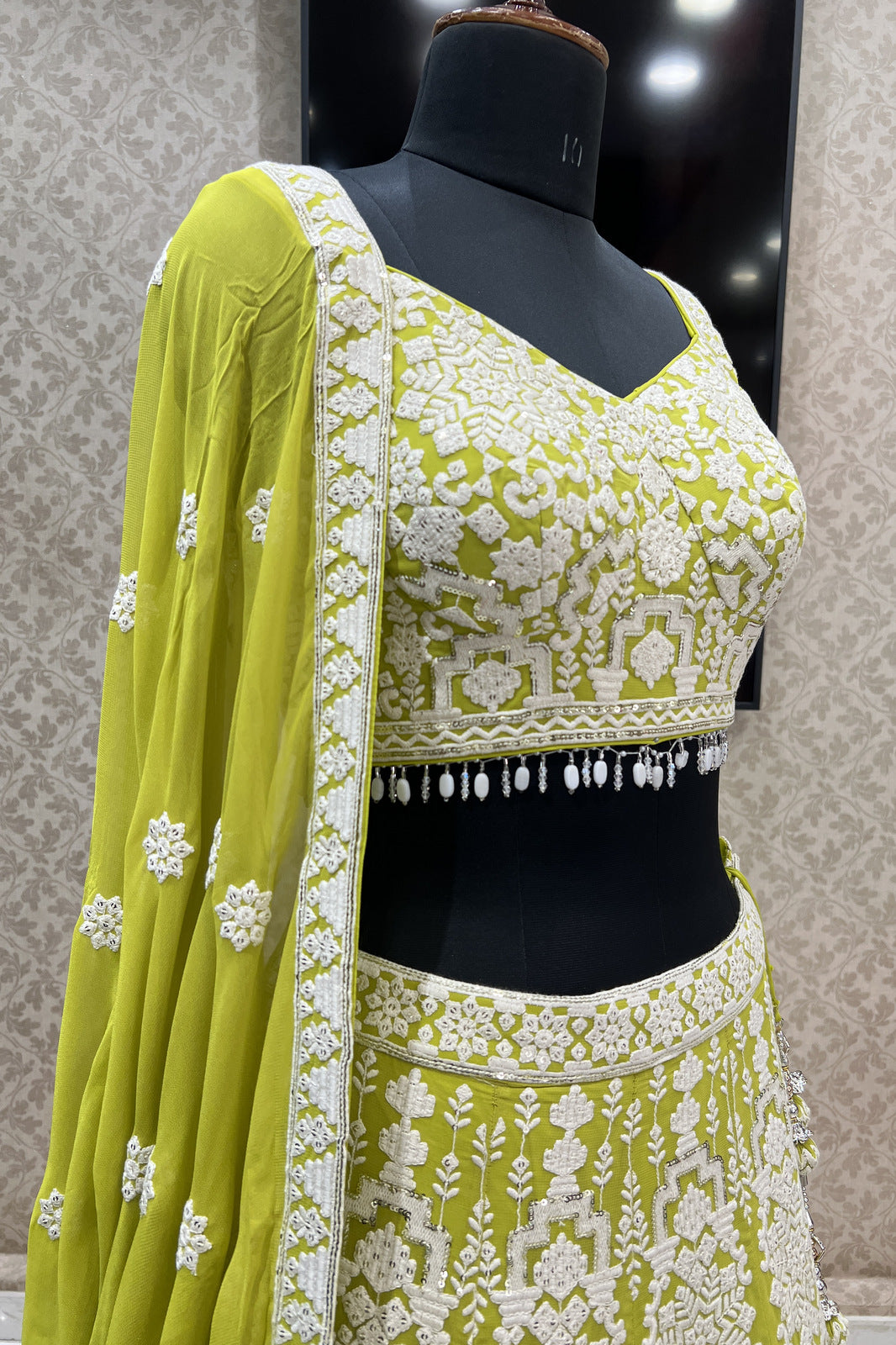 Parrot Green Lucknowi, Sequins and Beads work Crop Top Designer Bridal Lehenga