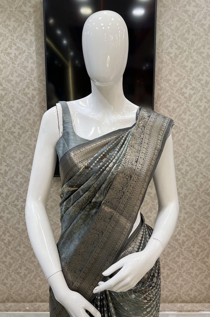 Grey with Digital Print and Banaras work Saree