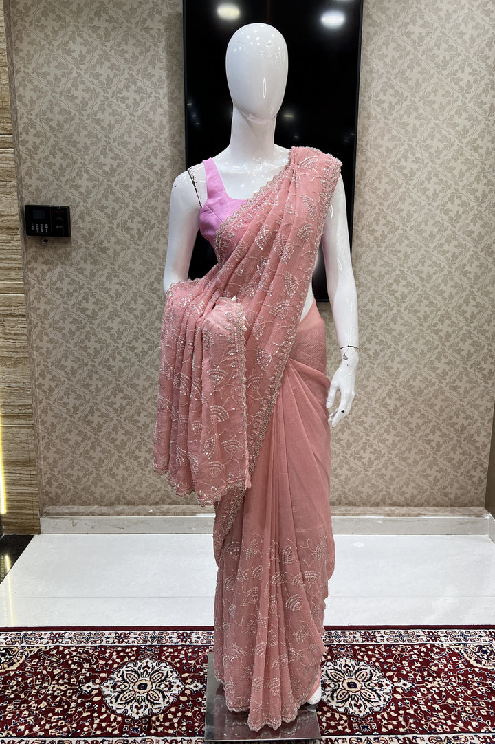 Peach Beads, Sequins and Zari work Saree