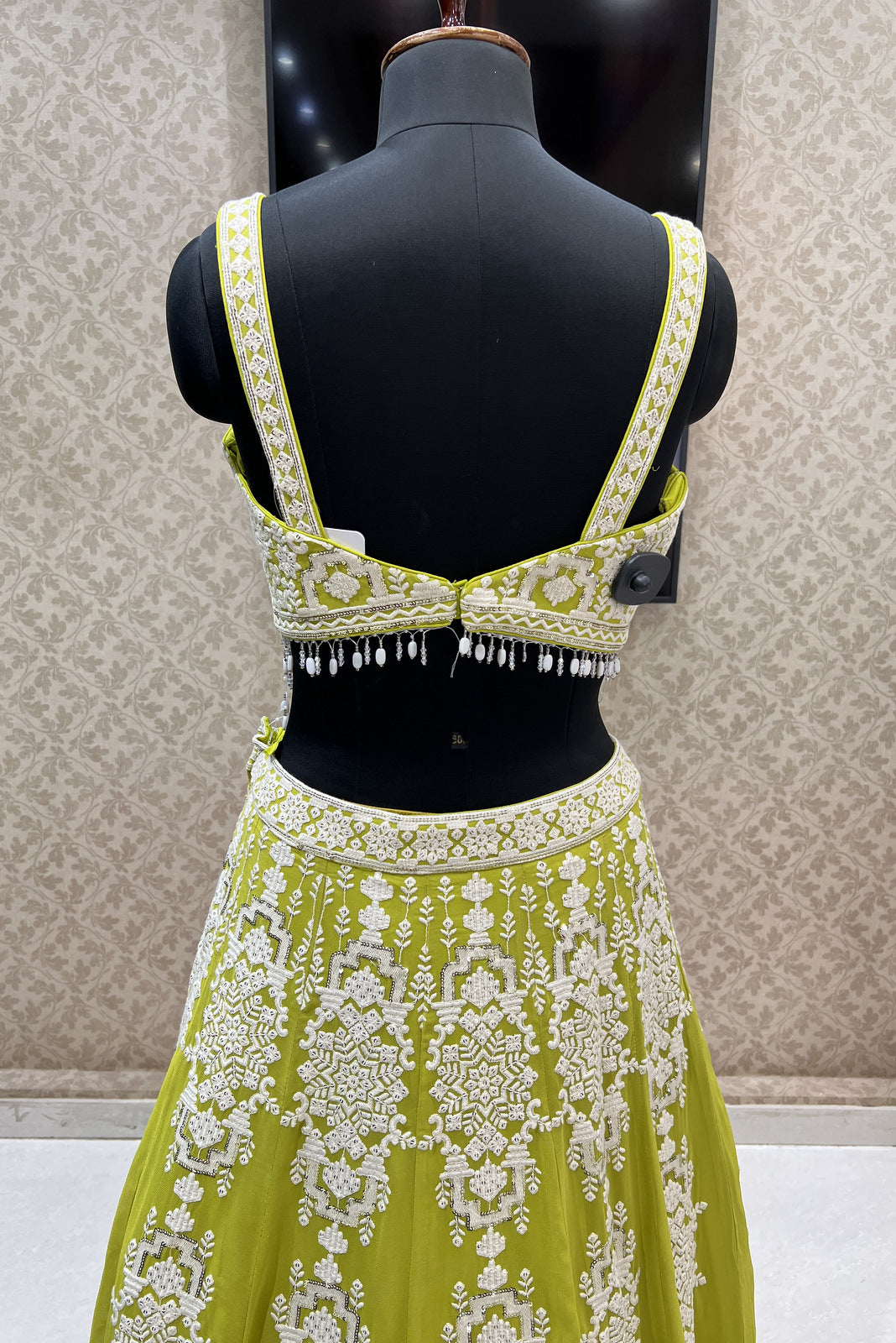 Parrot Green Lucknowi, Sequins and Beads work Crop Top Designer Bridal Lehenga