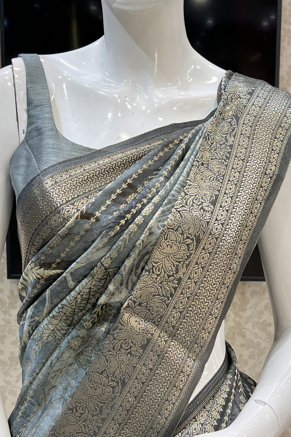 Grey with Digital Print and Banaras work Saree