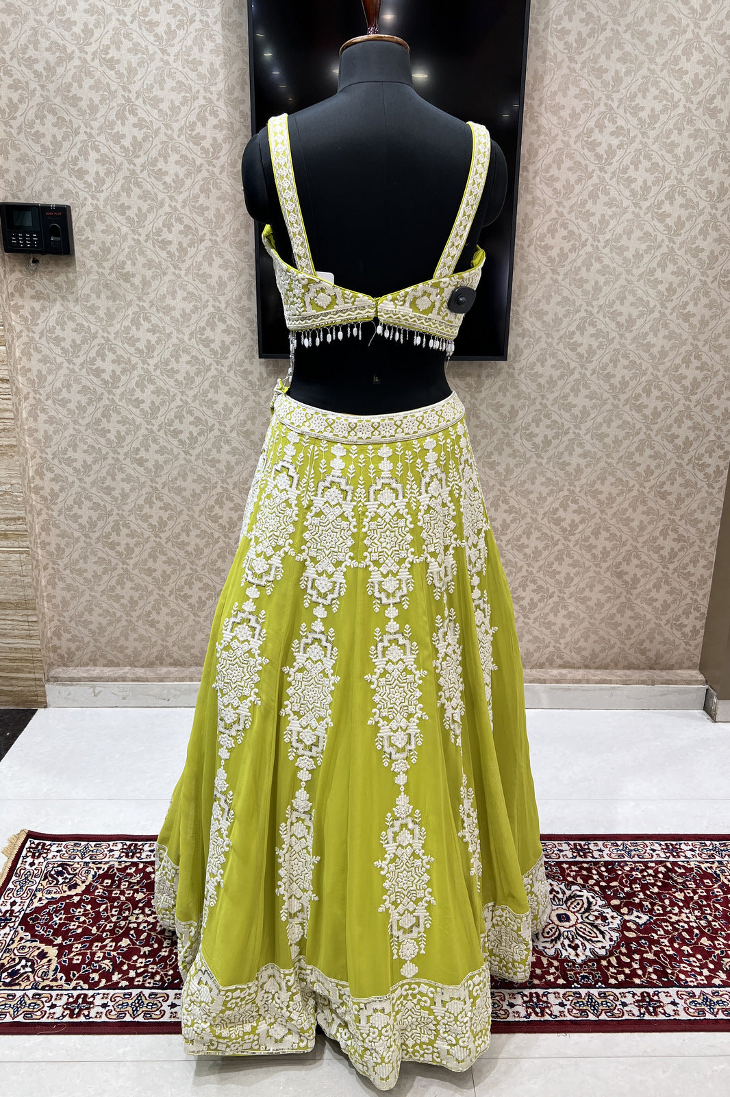 Parrot Green Lucknowi, Sequins and Beads work Crop Top Designer Bridal Lehenga