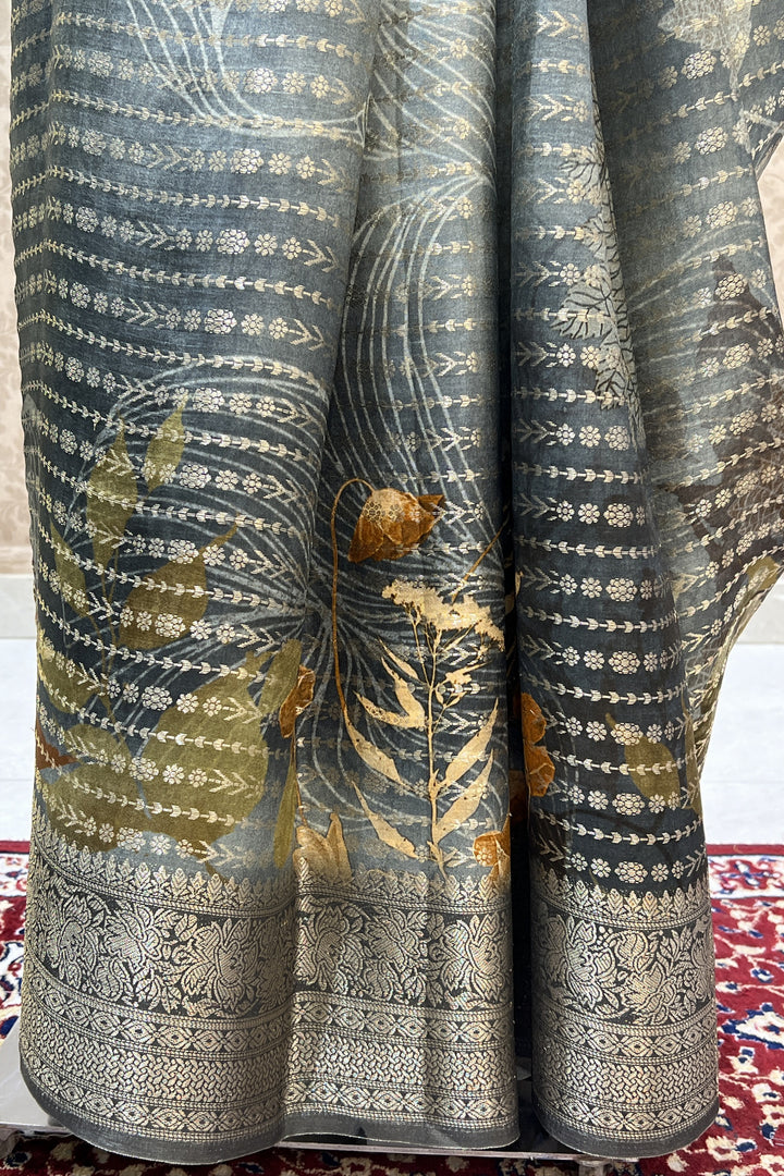 Grey with Digital Print and Banaras work Saree