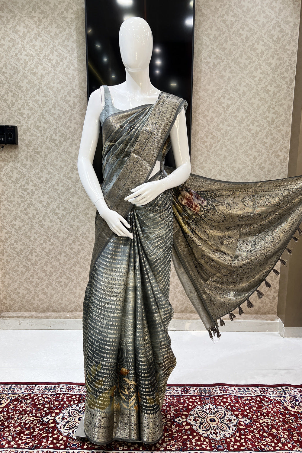 Grey with Digital Print and Banaras work Saree