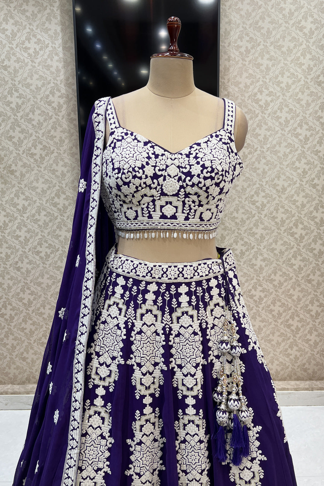 Purple Lucknowi, Sequins and Beads work Crop Top Designer Bridal Lehenga