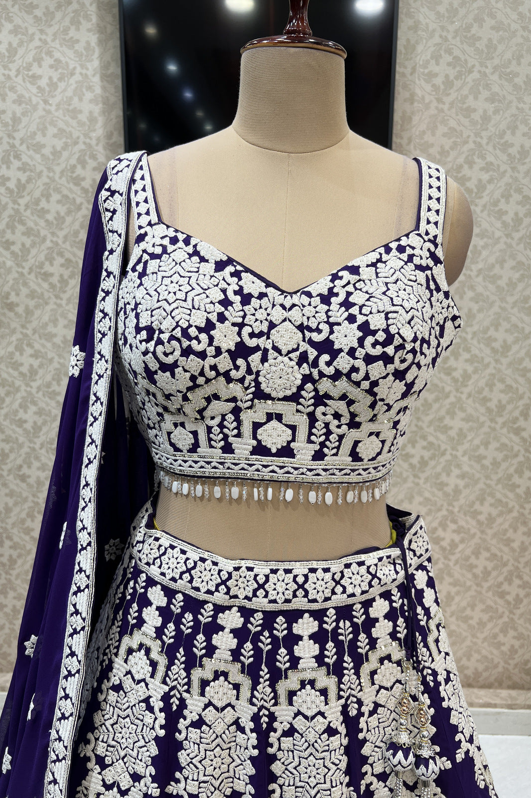 Purple Lucknowi, Sequins and Beads work Crop Top Designer Bridal Lehenga