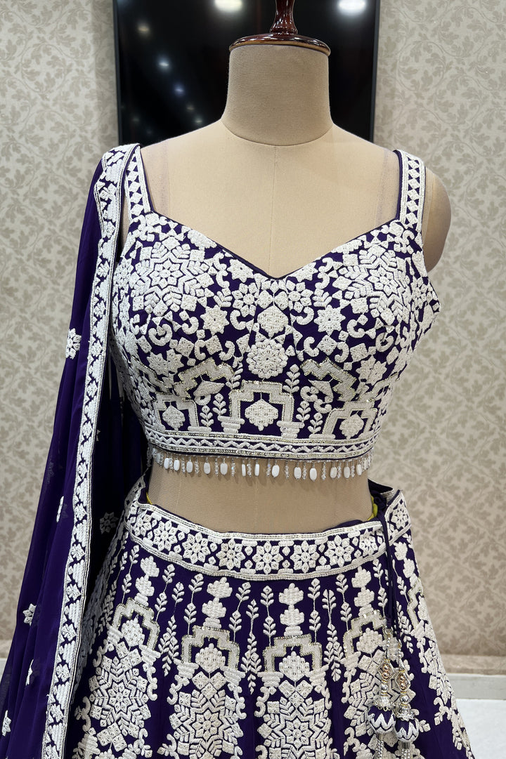 Purple Lucknowi, Sequins and Beads work Crop Top Designer Bridal Lehenga