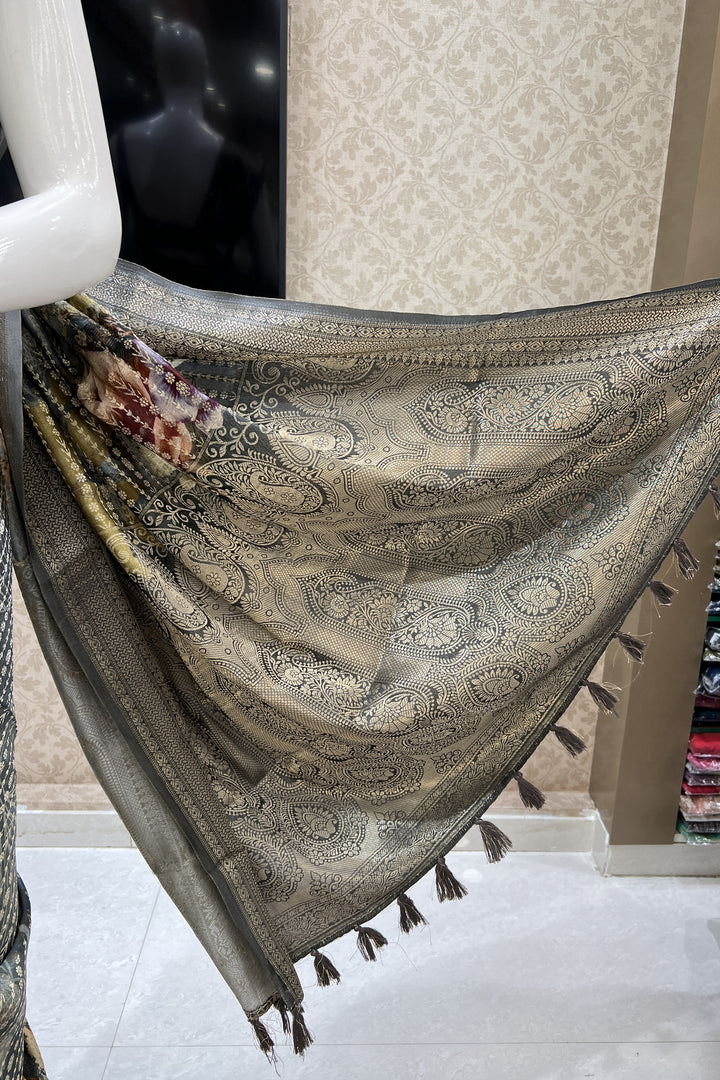 Grey with Digital Print and Banaras work Saree