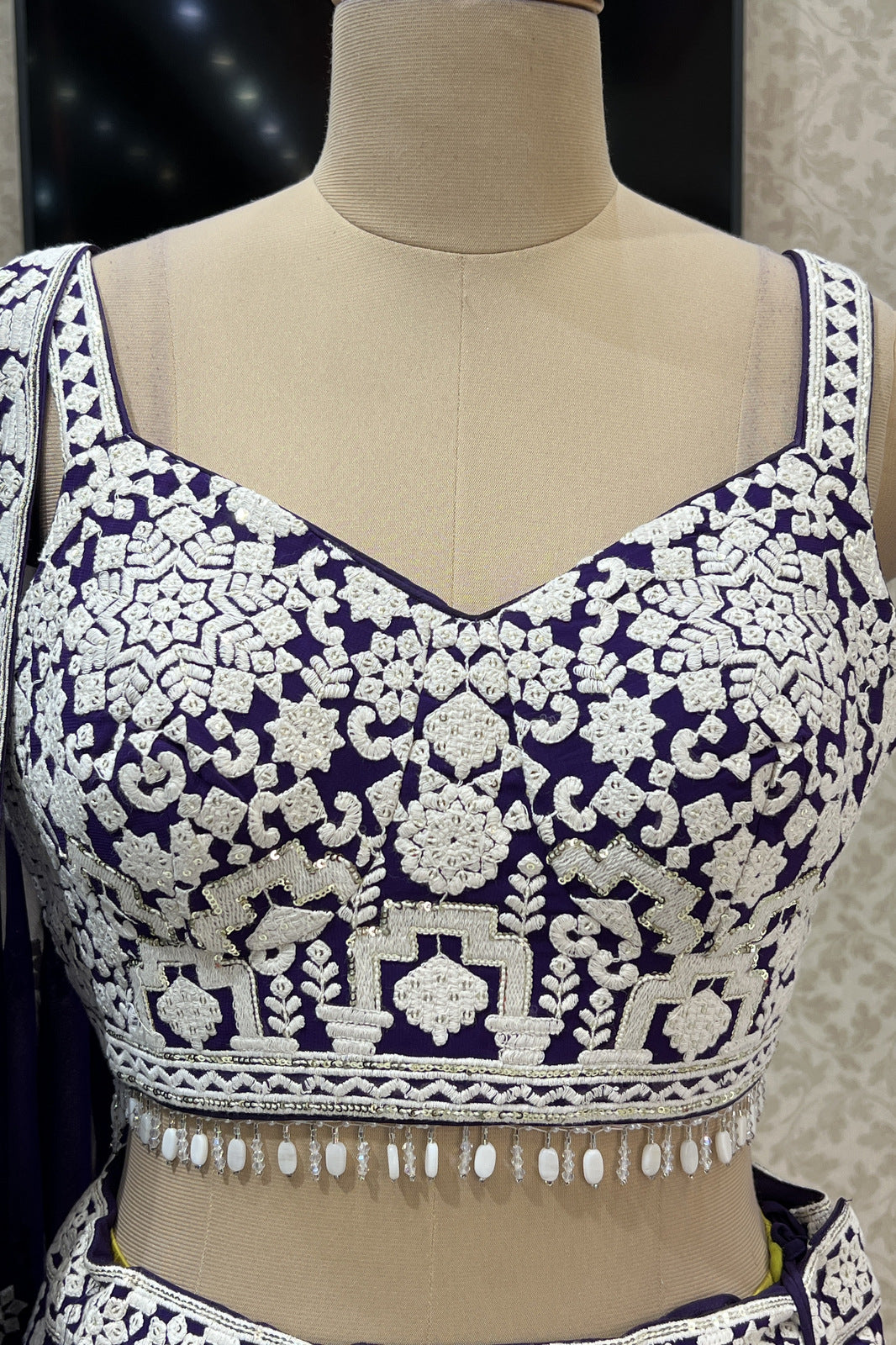 Purple Lucknowi, Sequins and Beads work Crop Top Designer Bridal Lehenga