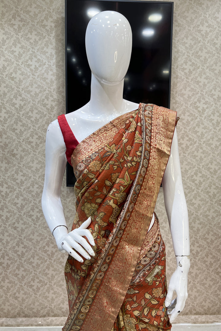 Brick Red with Kalamkari Print Tissue Silk Saree