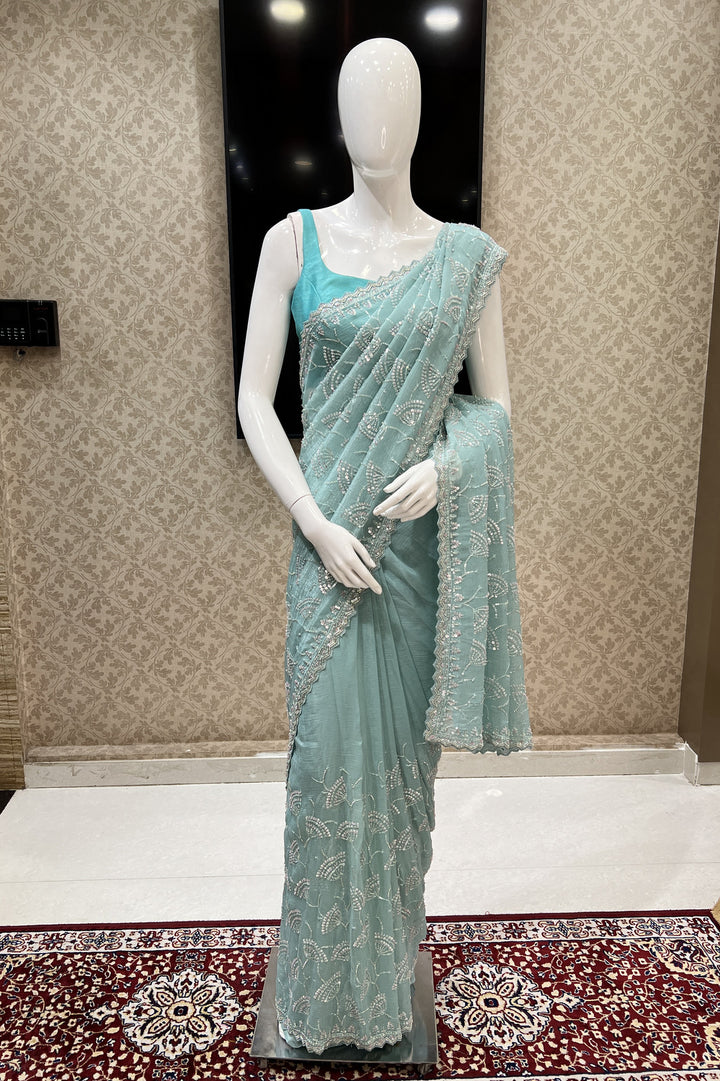 Sea Green Beads, Sequins and Zari work Saree