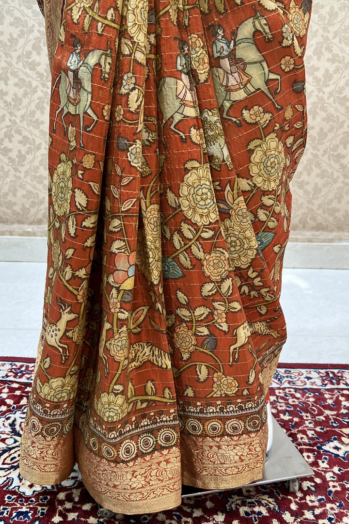 Brick Red with Kalamkari Print Tissue Silk Saree