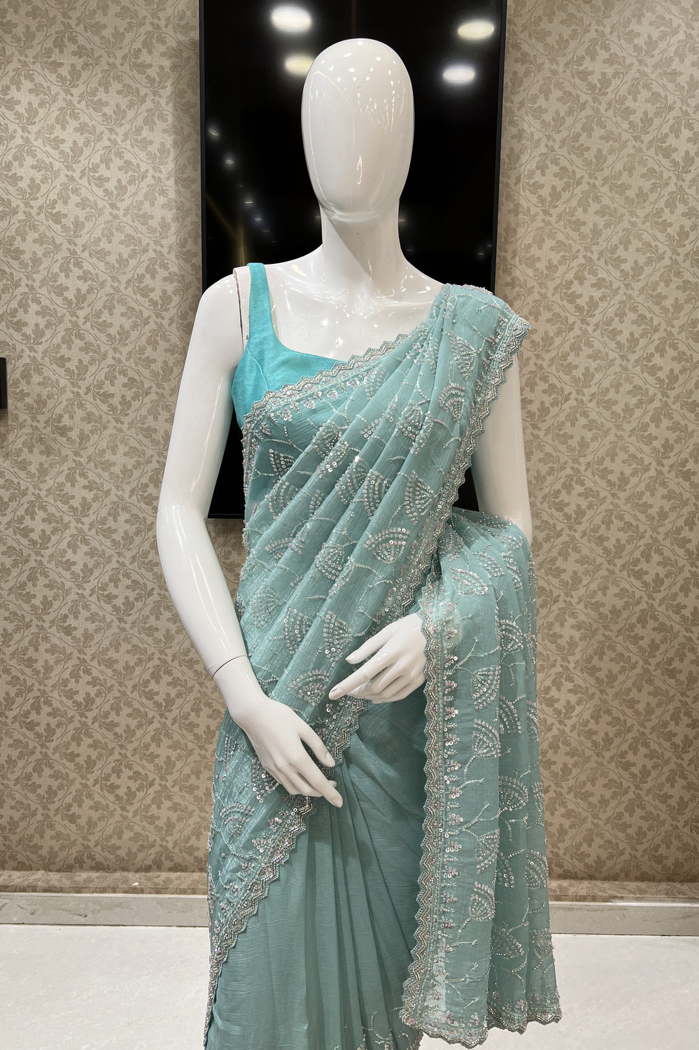 Sea Green Beads, Sequins and Zari work Saree