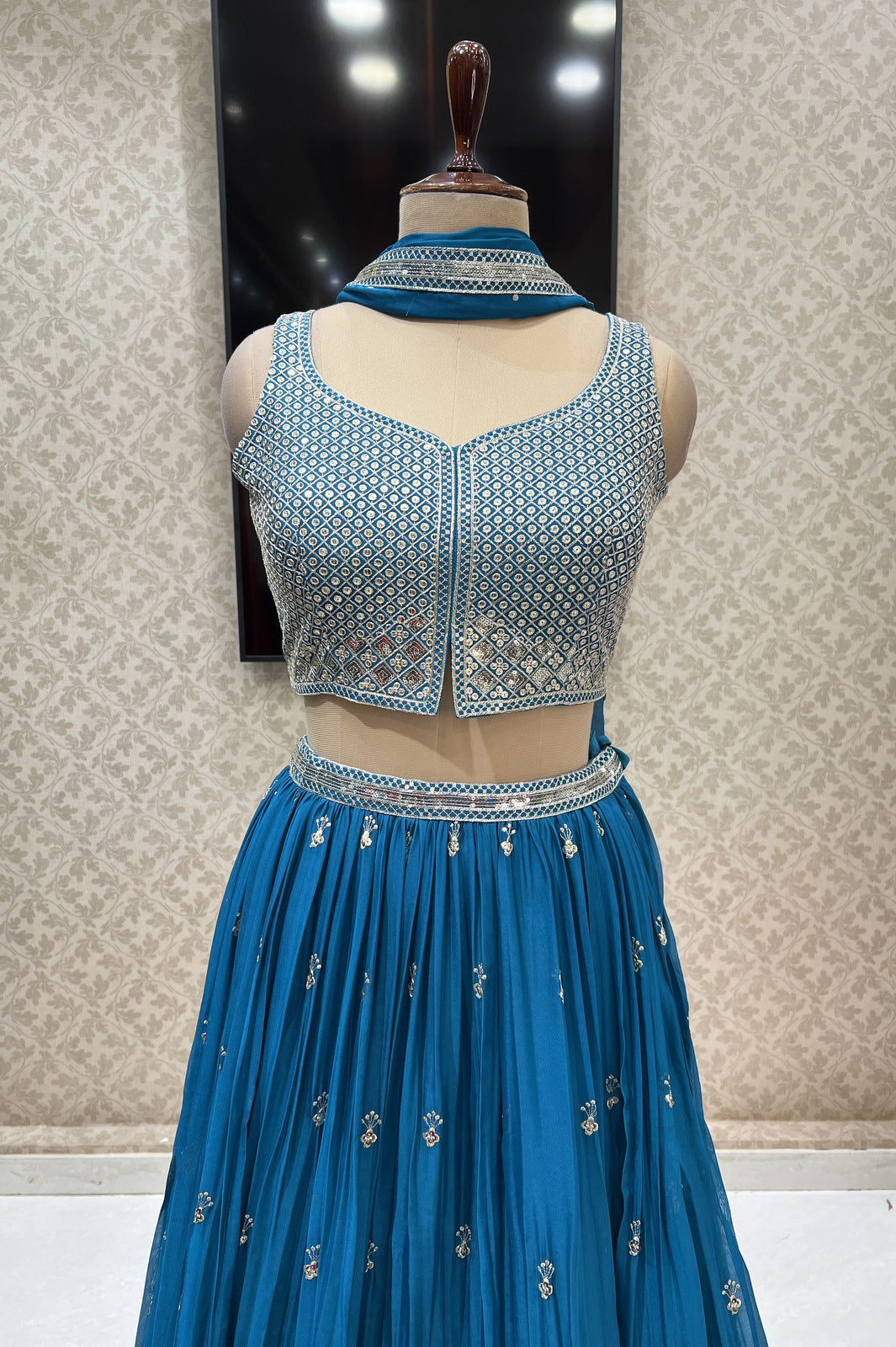 Rama Blue Zari and Sequins work Crop Top Lehenga