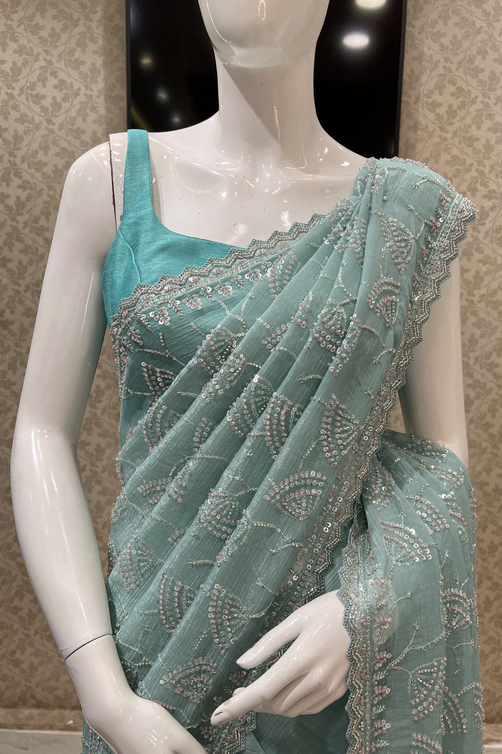 Sea Green Beads, Sequins and Zari work Saree