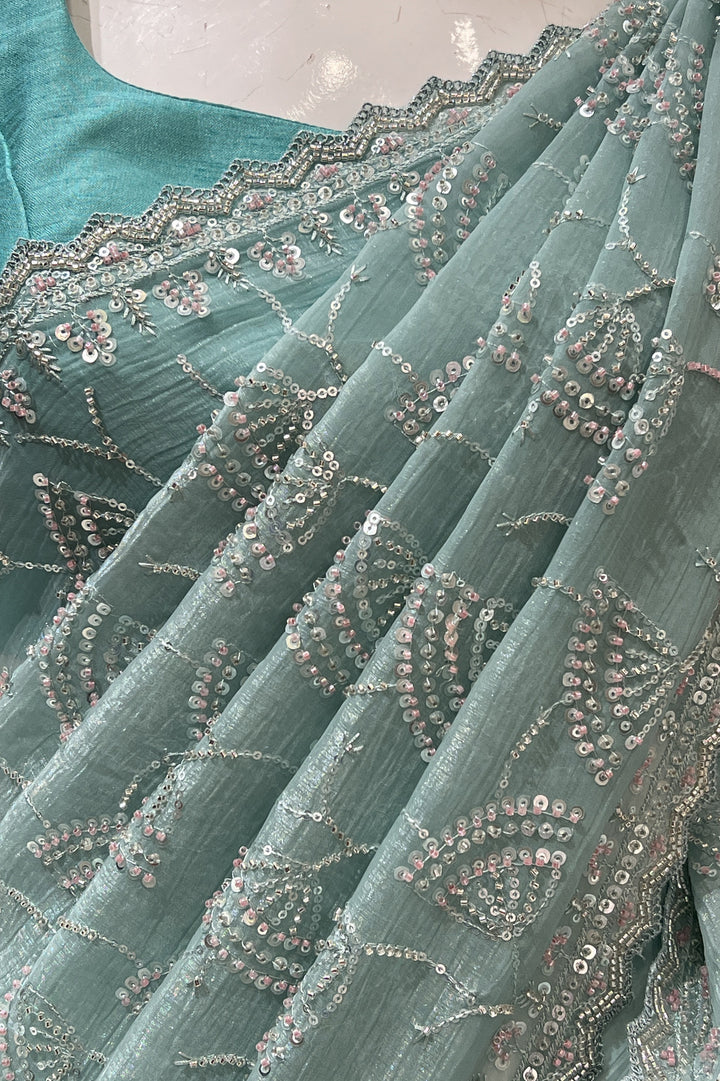 Sea Green Beads, Sequins and Zari work Saree