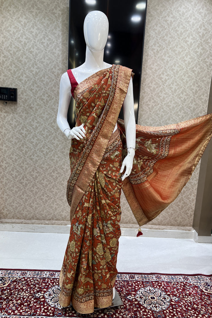 Brick Red with Kalamkari Print Tissue Silk Saree