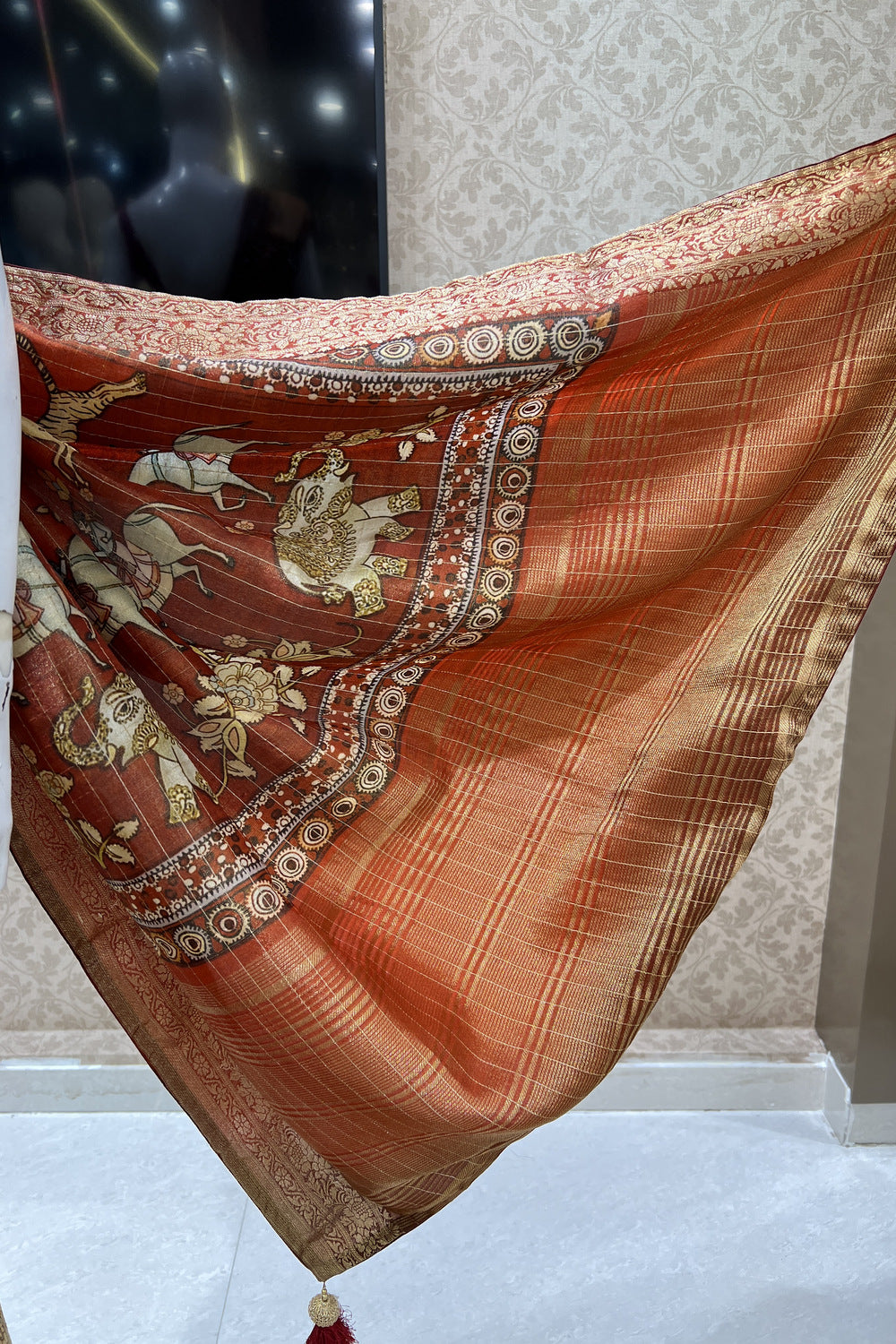 Brick Red with Kalamkari Print Tissue Silk Saree