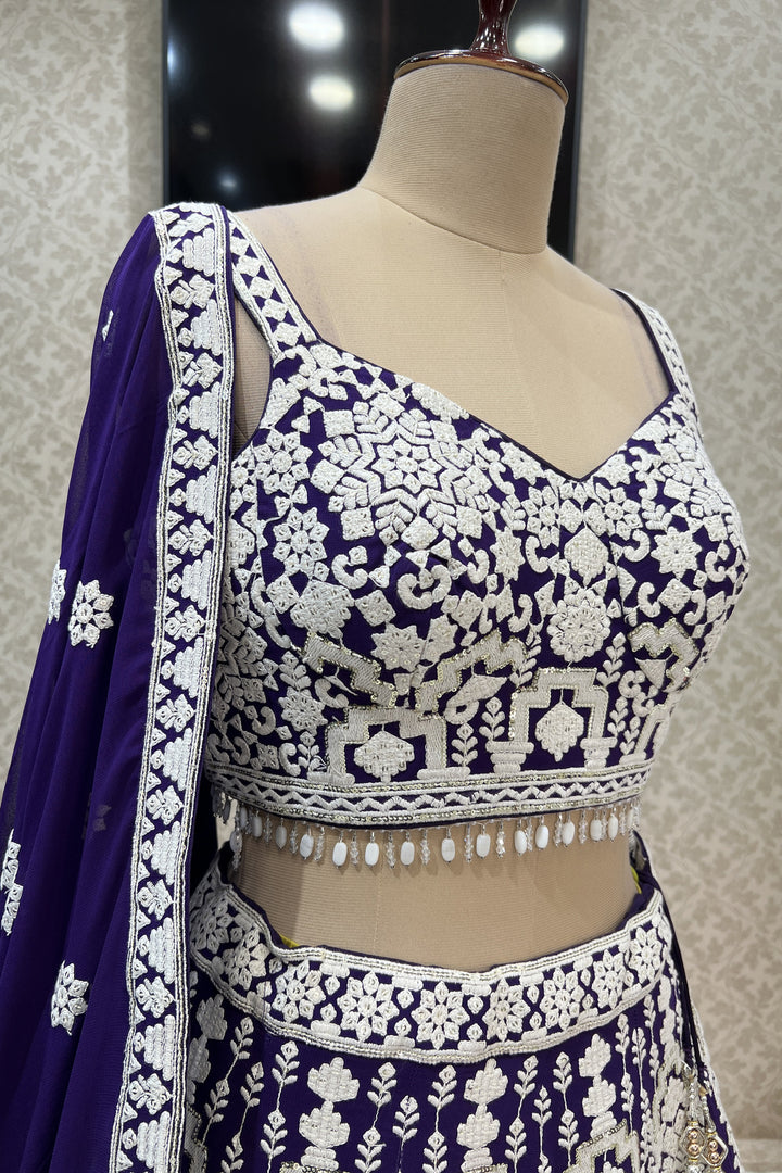 Purple Lucknowi, Sequins and Beads work Crop Top Designer Bridal Lehenga