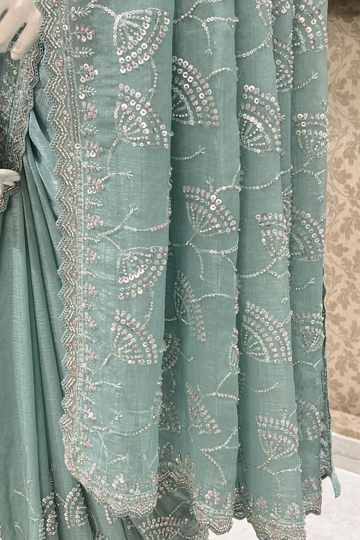 Sea Green Beads, Sequins and Zari work Saree