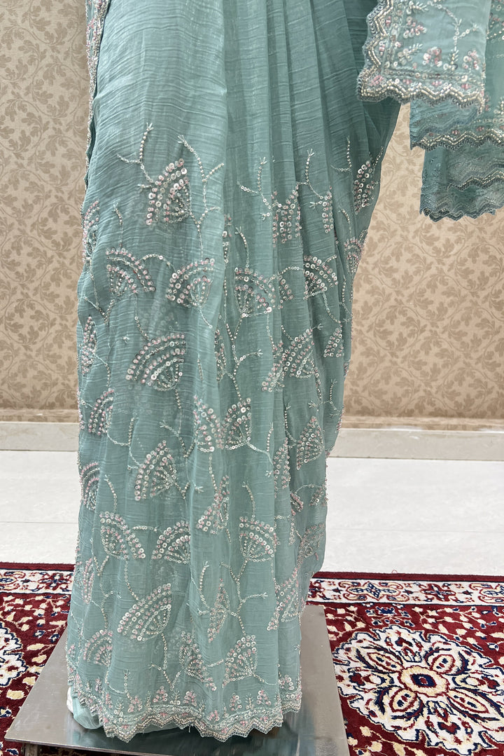 Sea Green Beads, Sequins and Zari work Saree