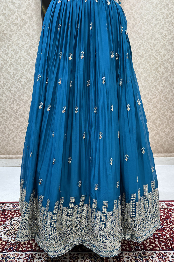 Rama Blue Zari and Sequins work Crop Top Lehenga