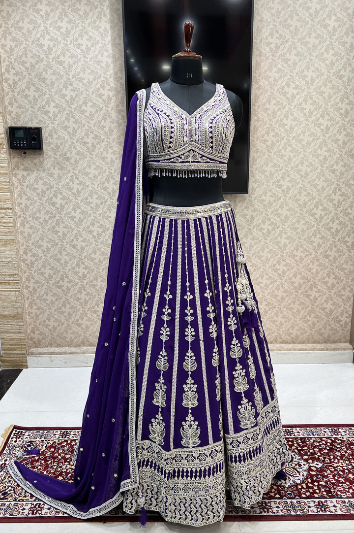 Purple Zari Thread, Sequins and Beads work Crop Top Designer Bridal Lehenga