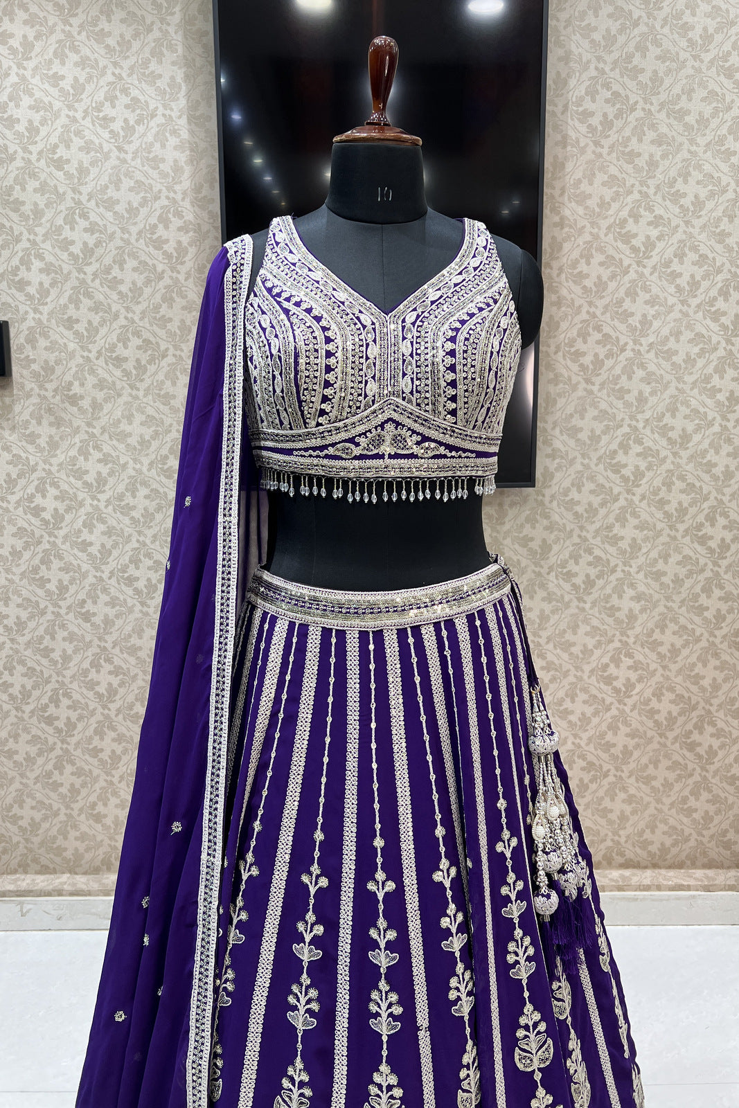 Purple Zari Thread, Sequins and Beads work Crop Top Designer Bridal Lehenga