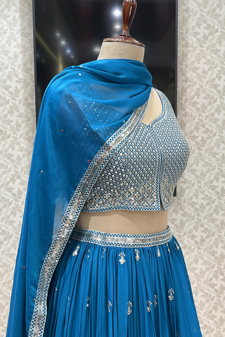 Rama Blue Zari and Sequins work Crop Top Lehenga