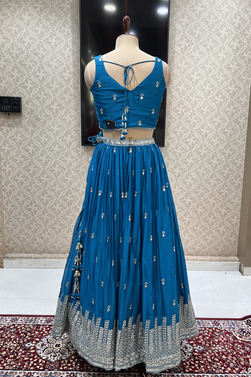 Rama Blue Zari and Sequins work Crop Top Lehenga