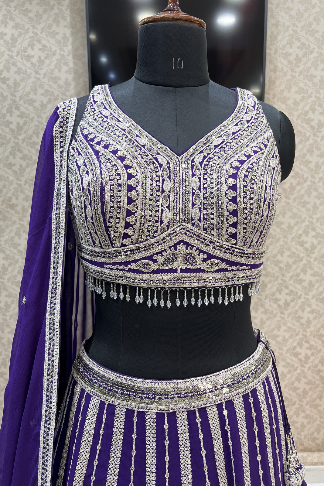 Purple Zari Thread, Sequins and Beads work Crop Top Designer Bridal Lehenga