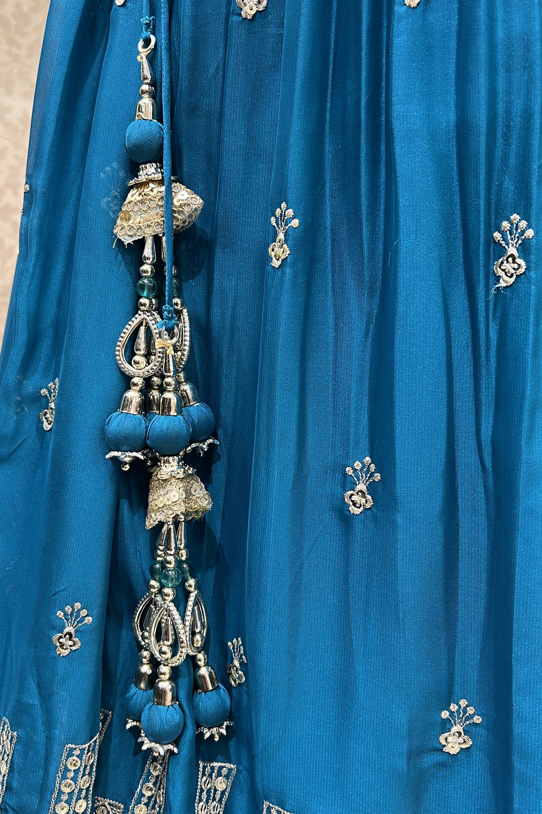 Rama Blue Zari and Sequins work Crop Top Lehenga