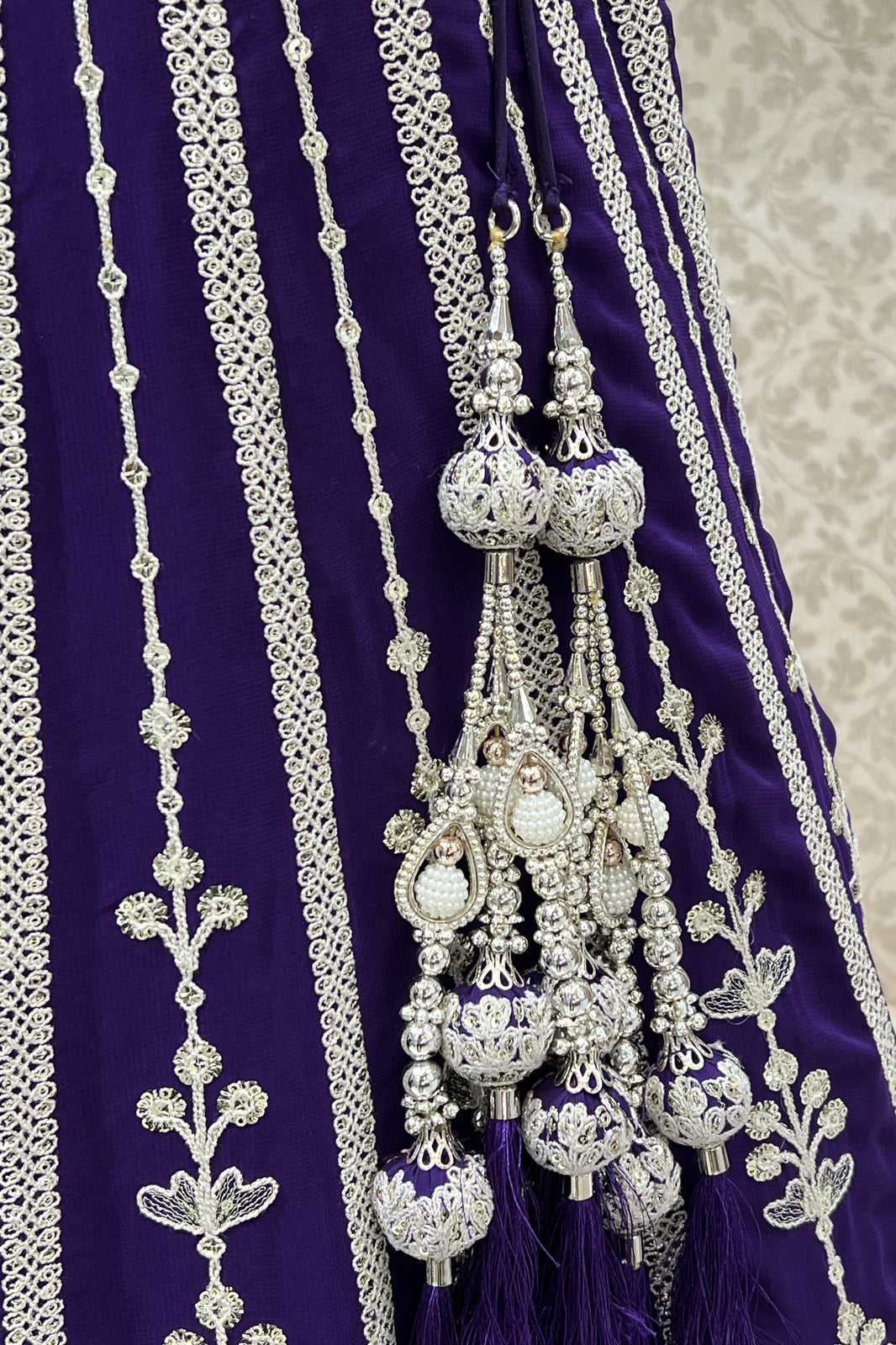 Purple Zari Thread, Sequins and Beads work Crop Top Designer Bridal Lehenga