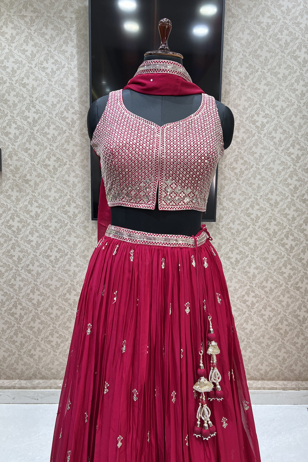 Rani Pink Zari and Sequins work Crop Top Lehenga